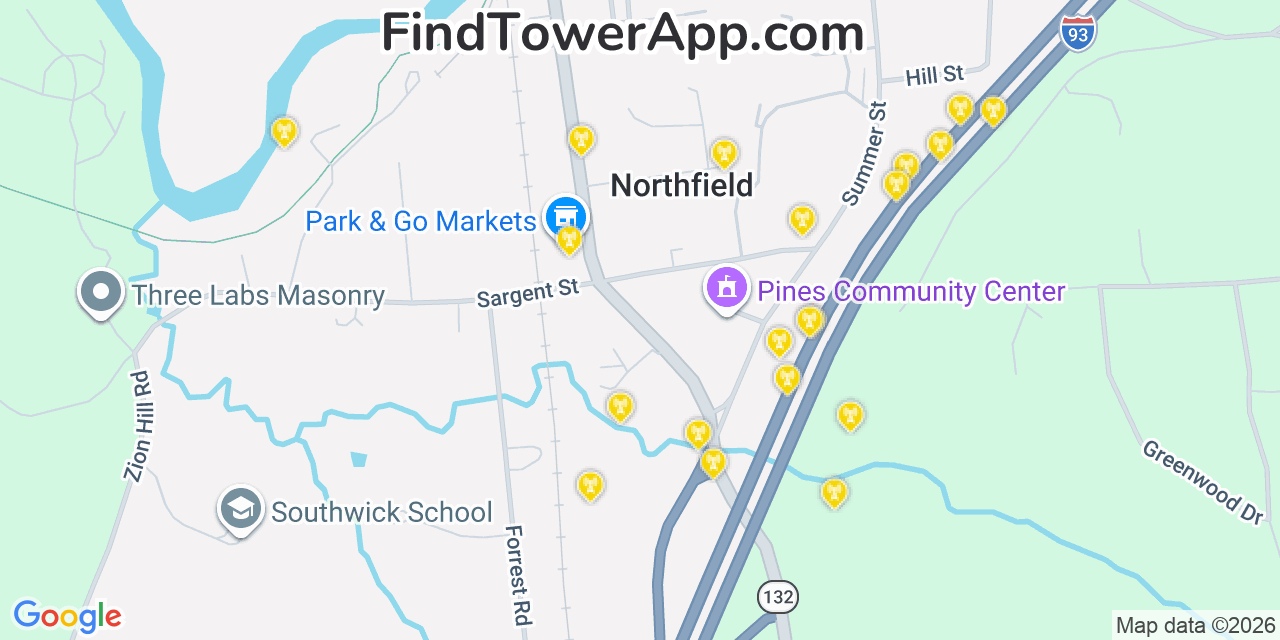 Map showing the 20 primary cell tower locations detected in Northfield, New Hampshire from AT&T, Verizon, and T-Mobile networks