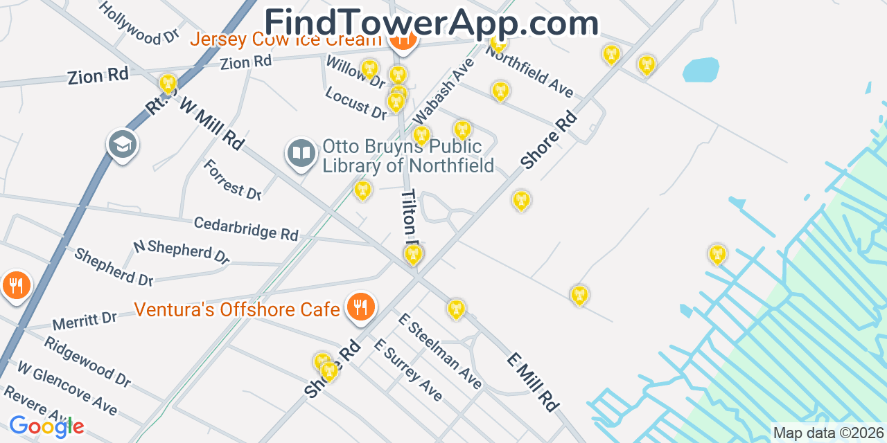 Map showing the 20 primary cell tower locations detected in Northfield, New Jersey from AT&T, Verizon, and T-Mobile networks
