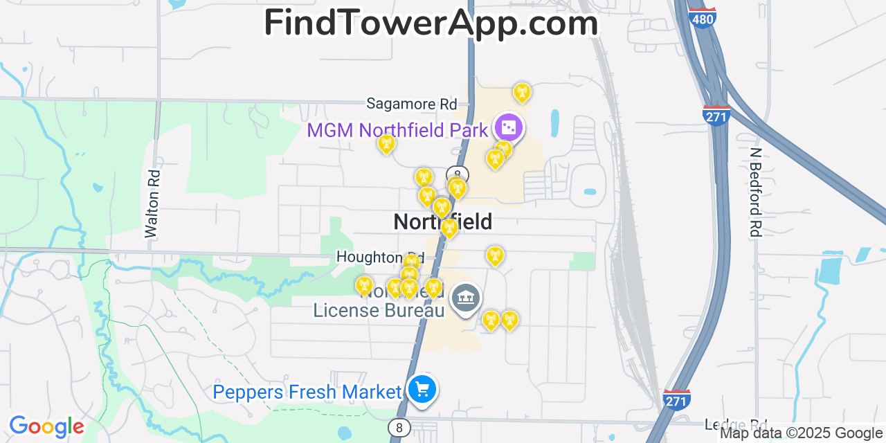 Map showing the 20 primary cell tower locations detected in Northfield, Ohio from AT&T, Verizon, and T-Mobile networks