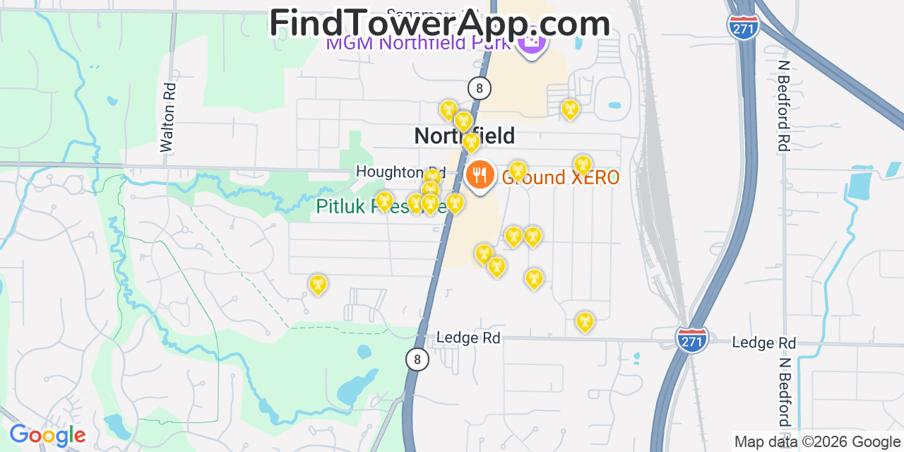 Map showing the 20 primary cell tower locations detected in Northfield, Ohio from AT&T, Verizon, and T-Mobile networks