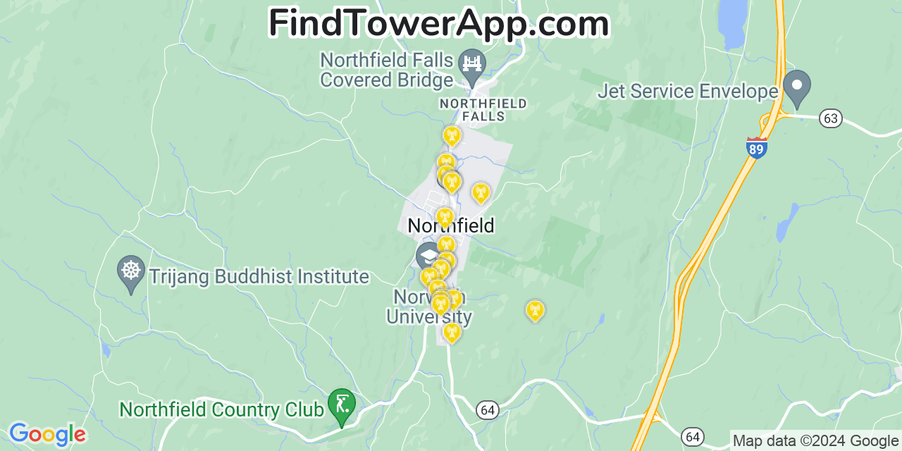 AT&T 4G/5G cell tower coverage map Northfield, Vermont