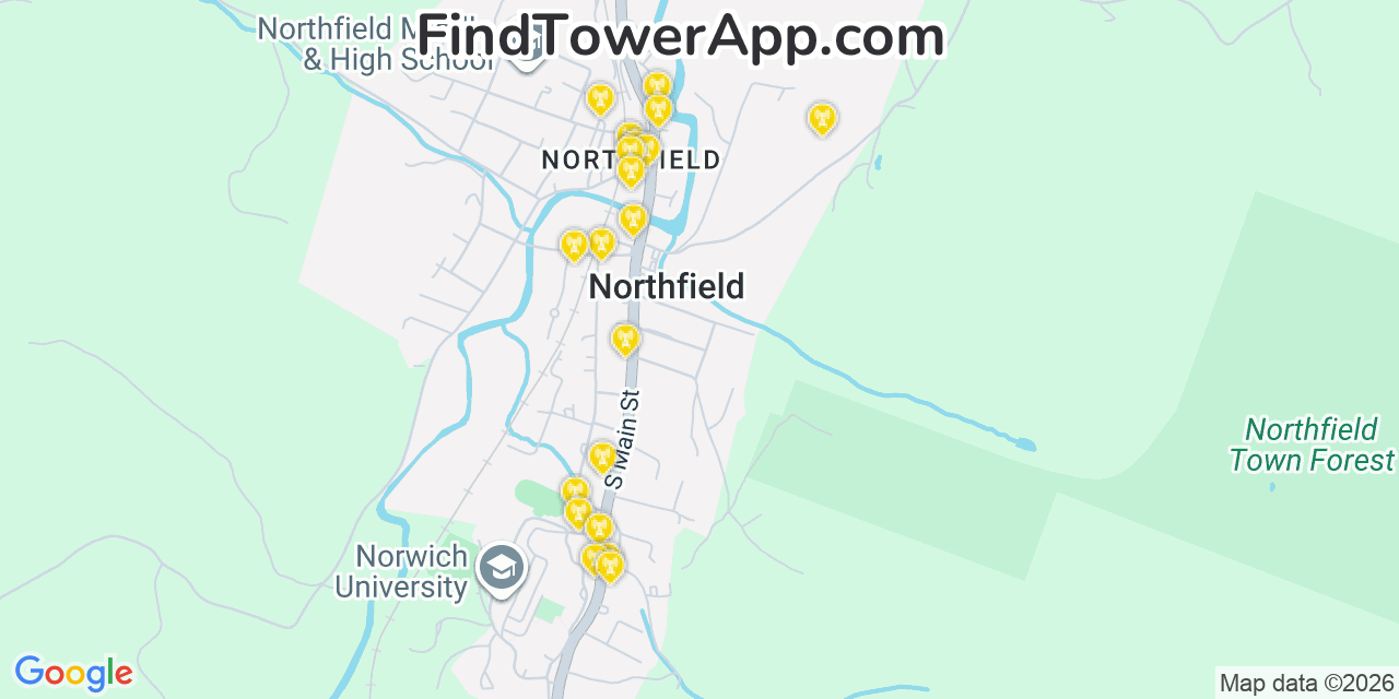 Map showing the 20 primary cell tower locations detected in Northfield, Vermont from AT&T, Verizon, and T-Mobile networks