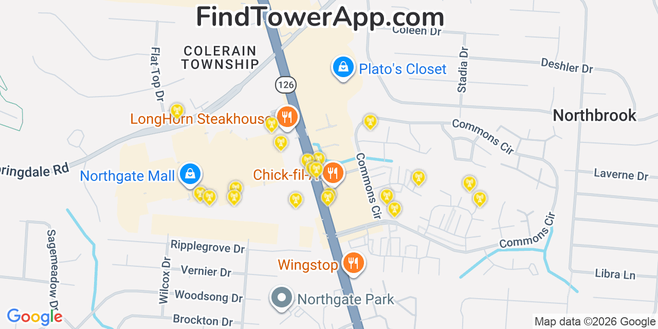Map showing the 20 primary cell tower locations detected in Northgate, Ohio from AT&T, Verizon, and T-Mobile networks