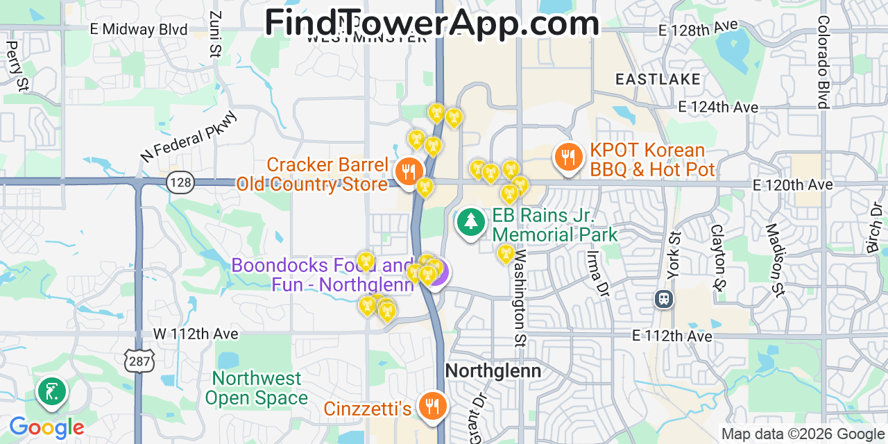 Map showing the 20 primary cell tower locations detected in Northglenn, Colorado from AT&T, Verizon, and T-Mobile networks