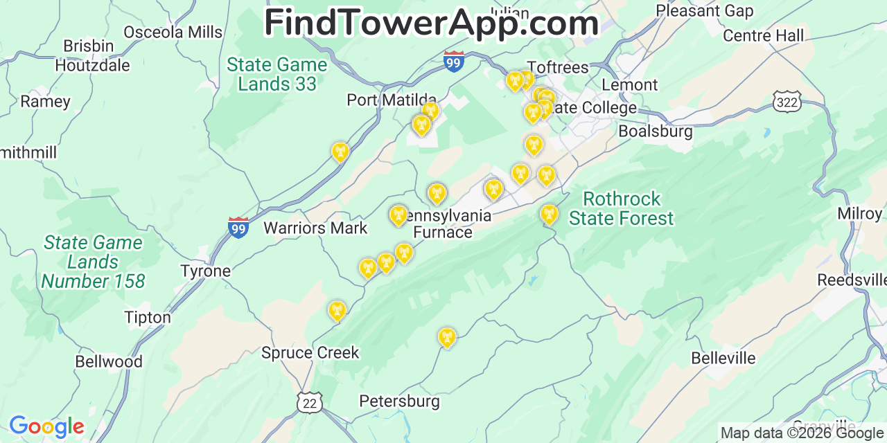 Map showing the 25 primary T-Mobile cell tower locations detected in Northhuntingdon, Pennsylvania with coverage radius and signal strength indicators