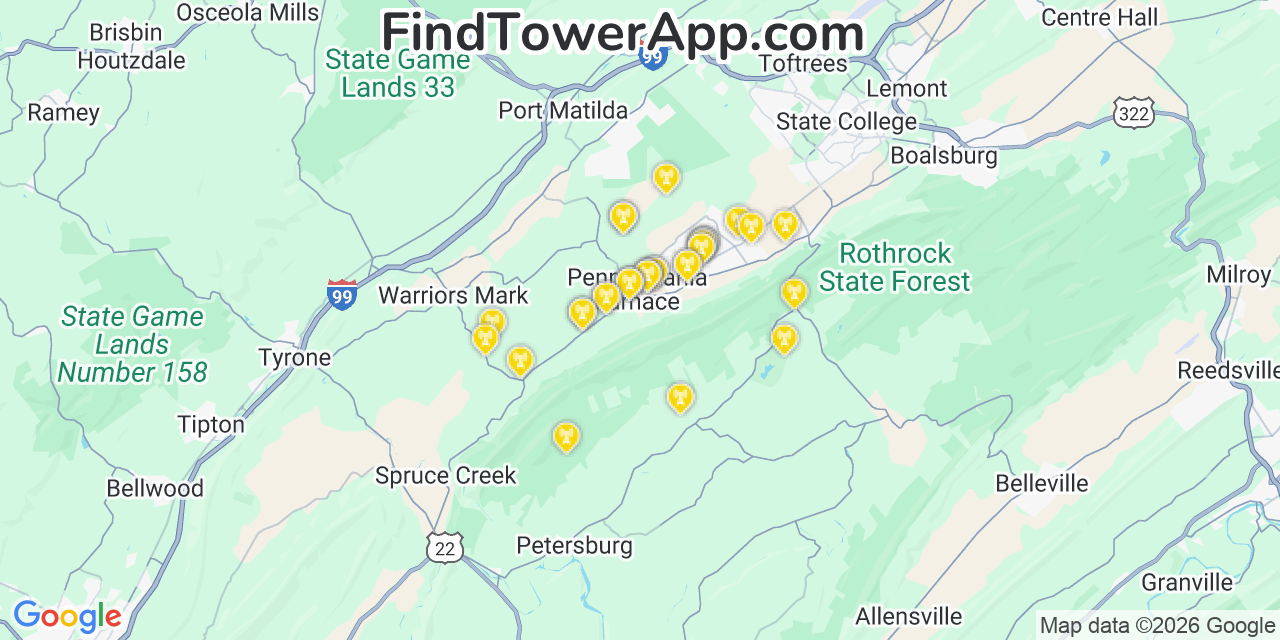 Map showing the 33 primary Verizon cell tower locations detected in Northhuntingdon, Pennsylvania with coverage radius and signal strength indicators