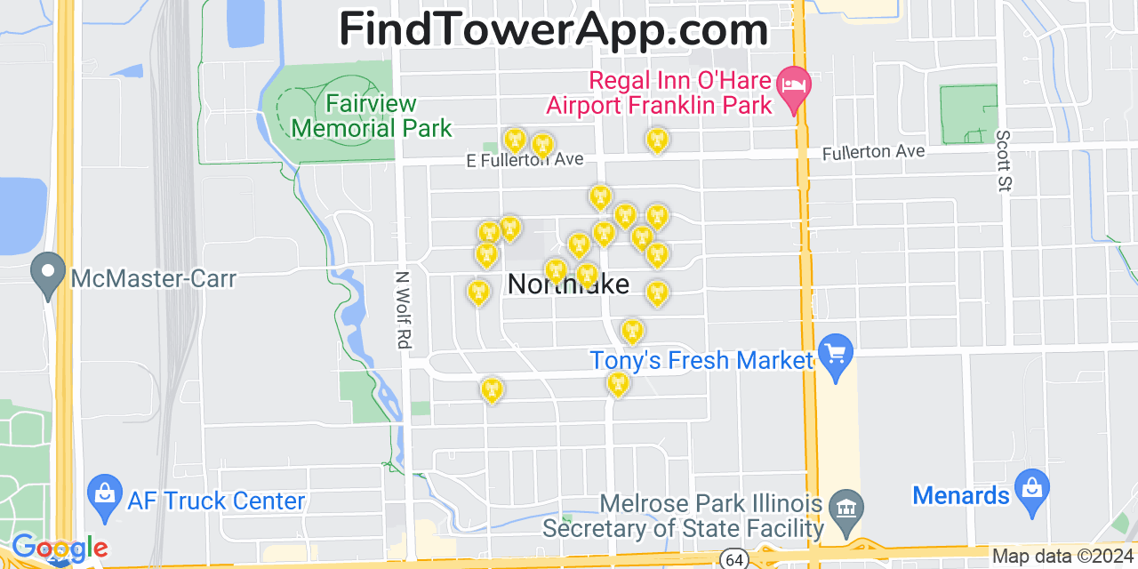 AT&T 4G/5G cell tower coverage map Northlake, Illinois