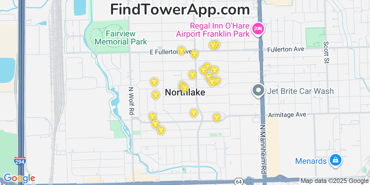 Map showing the 20 primary cell tower locations detected in Northlake, Illinois from AT&T, Verizon, and T-Mobile networks