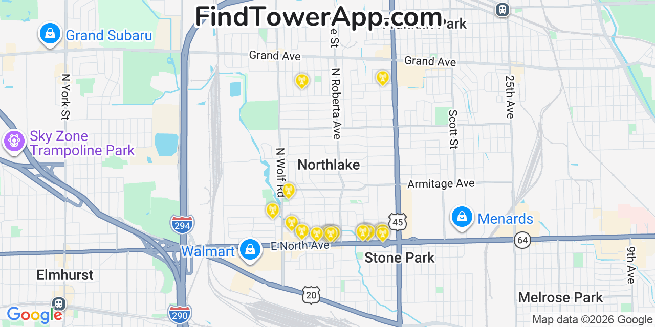 Map showing the 20 primary cell tower locations detected in Northlake, Illinois from AT&T, Verizon, and T-Mobile networks
