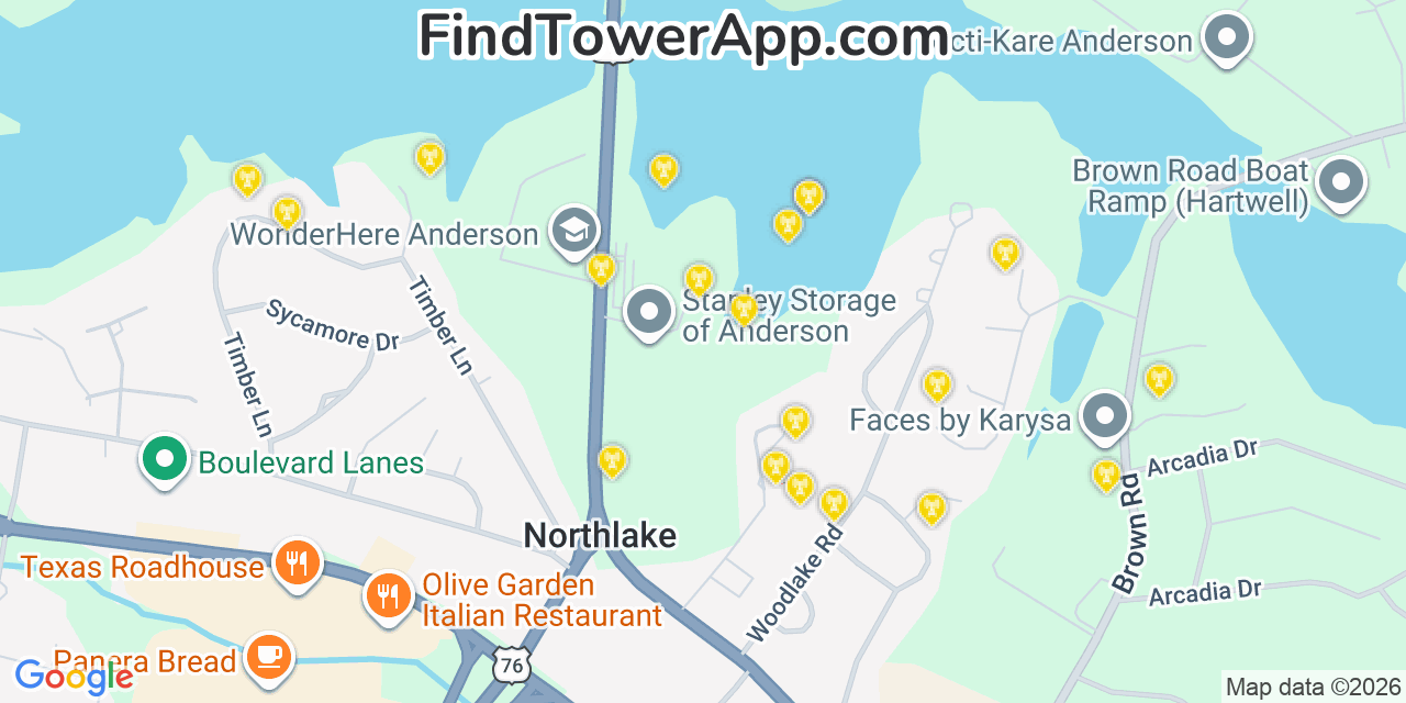 Map showing the 20 primary cell tower locations detected in Northlake, South Carolina from AT&T, Verizon, and T-Mobile networks