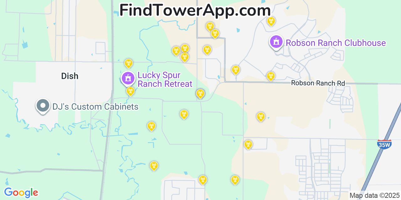 Map showing the 20 primary cell tower locations detected in Northlake, Texas from AT&T, Verizon, and T-Mobile networks
