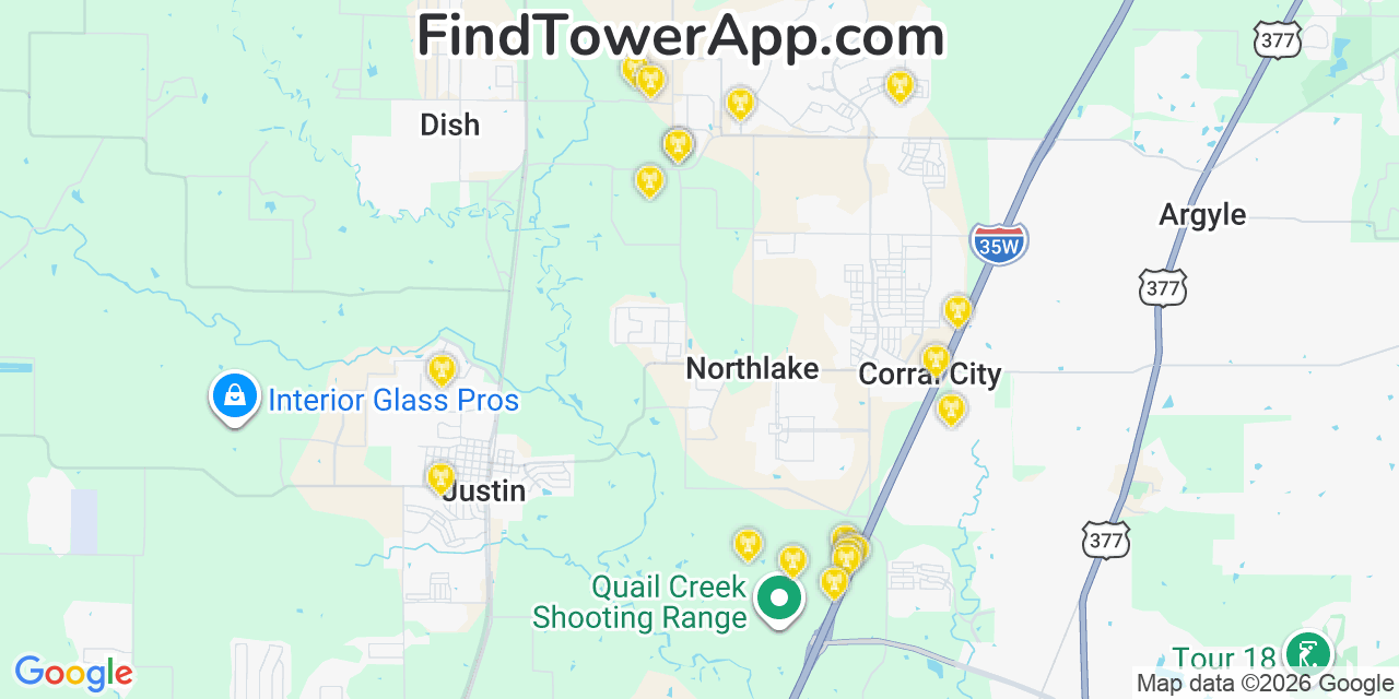 Map showing the 20 primary cell tower locations detected in Northlake, Texas from AT&T, Verizon, and T-Mobile networks