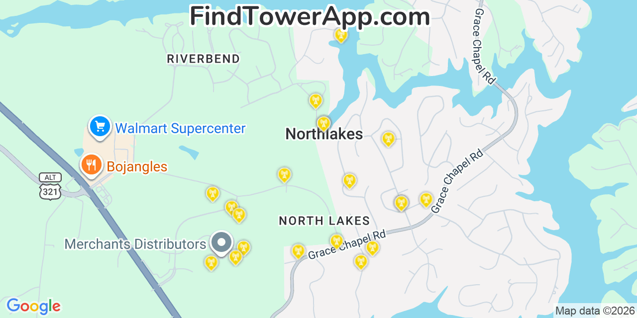 Map showing the 20 primary cell tower locations detected in Northlakes, North Carolina from AT&T, Verizon, and T-Mobile networks