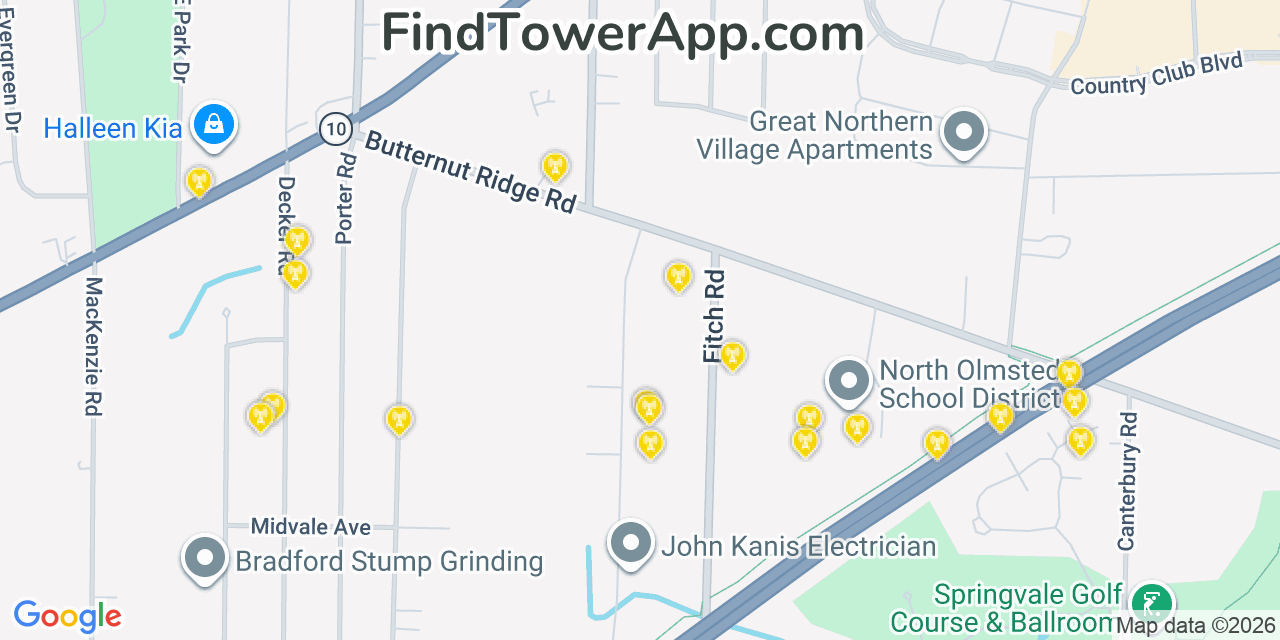 Map showing the 20 primary cell tower locations detected in Northolmsted, Ohio from AT&T, Verizon, and T-Mobile networks