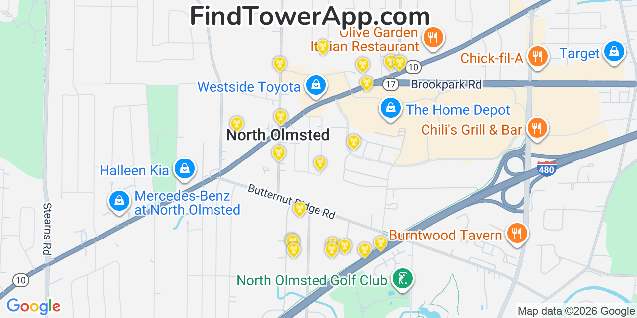 Map showing the 20 primary T-Mobile cell tower locations detected in Northolmsted, Ohio with coverage radius and signal strength indicators