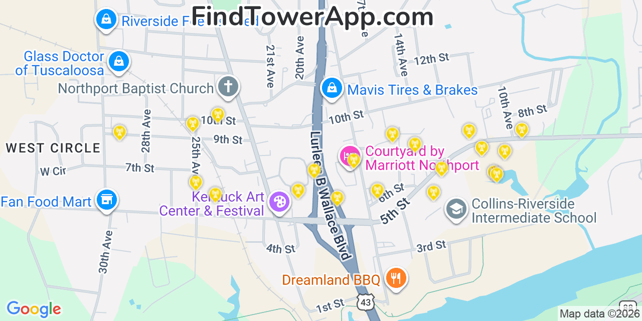 Map showing the 20 primary cell tower locations detected in Northport, Alabama from AT&T, Verizon, and T-Mobile networks