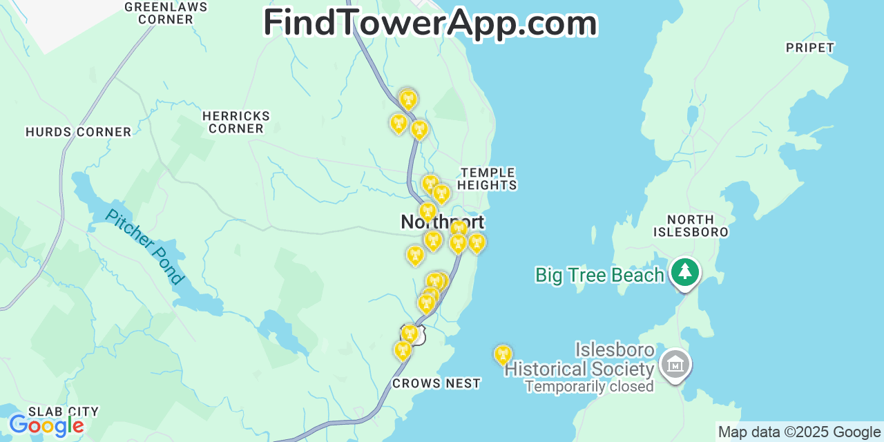 Map showing the 20 primary cell tower locations detected in Northport, Maine from AT&T, Verizon, and T-Mobile networks