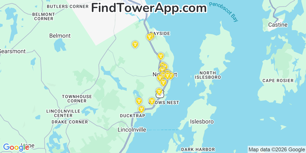 Map showing the 20 primary cell tower locations detected in Northport, Maine from AT&T, Verizon, and T-Mobile networks