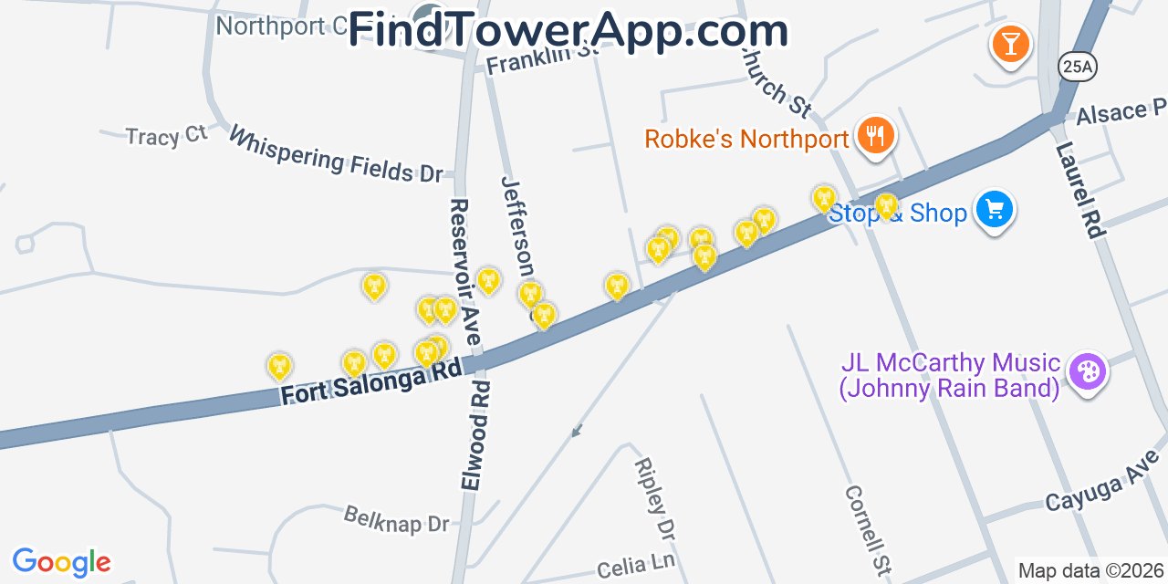 Map showing the 20 primary cell tower locations detected in Northport, New York from AT&T, Verizon, and T-Mobile networks