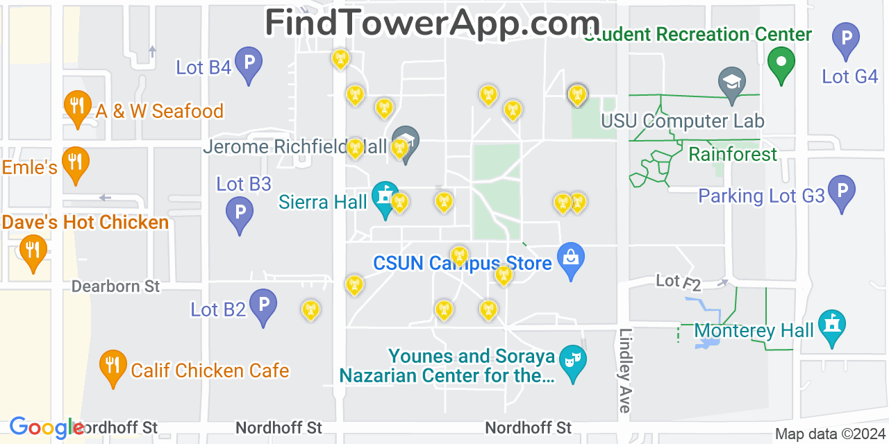 AT&T 4G/5G cell tower coverage map Northridge, California