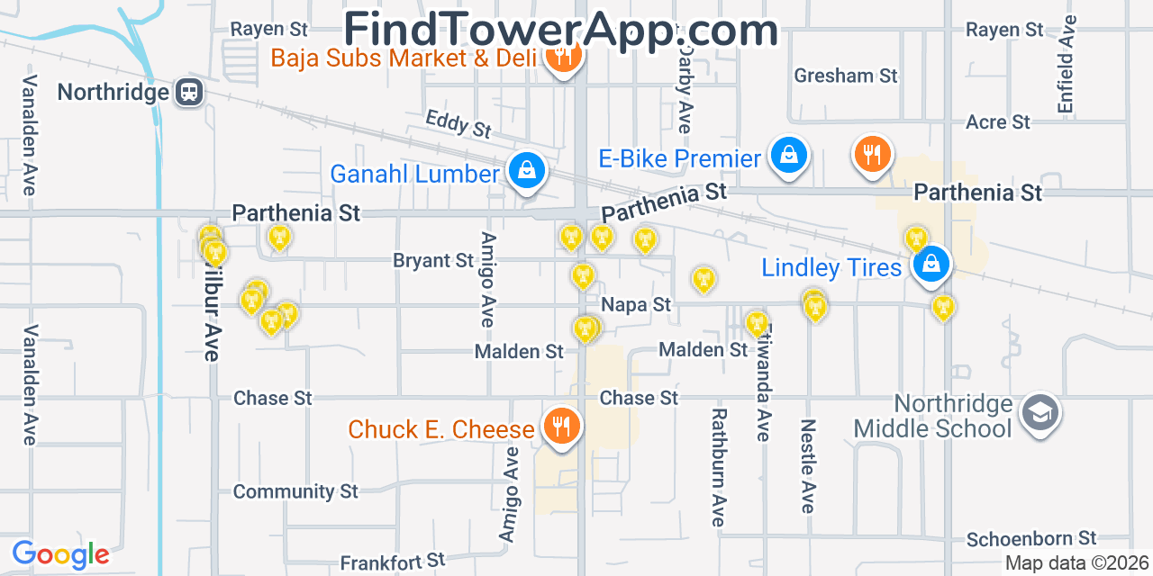 Map showing the 20 primary cell tower locations detected in Northridge, California from AT&T, Verizon, and T-Mobile networks