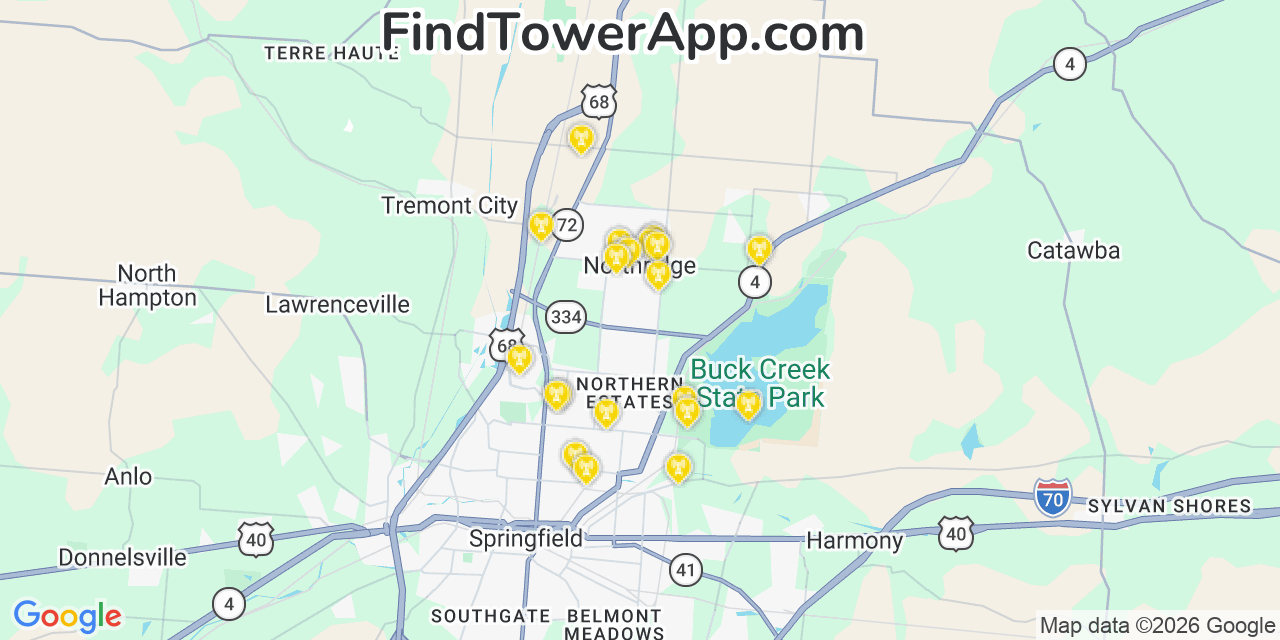 Map showing the 20 primary cell tower locations detected in Northridge, Ohio from AT&T, Verizon, and T-Mobile networks
