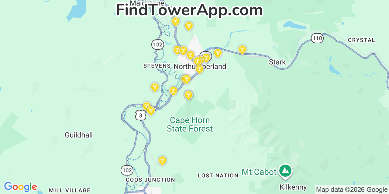 Map showing the 20 primary cell tower locations detected in Northumberland, New Hampshire from AT&T, Verizon, and T-Mobile networks