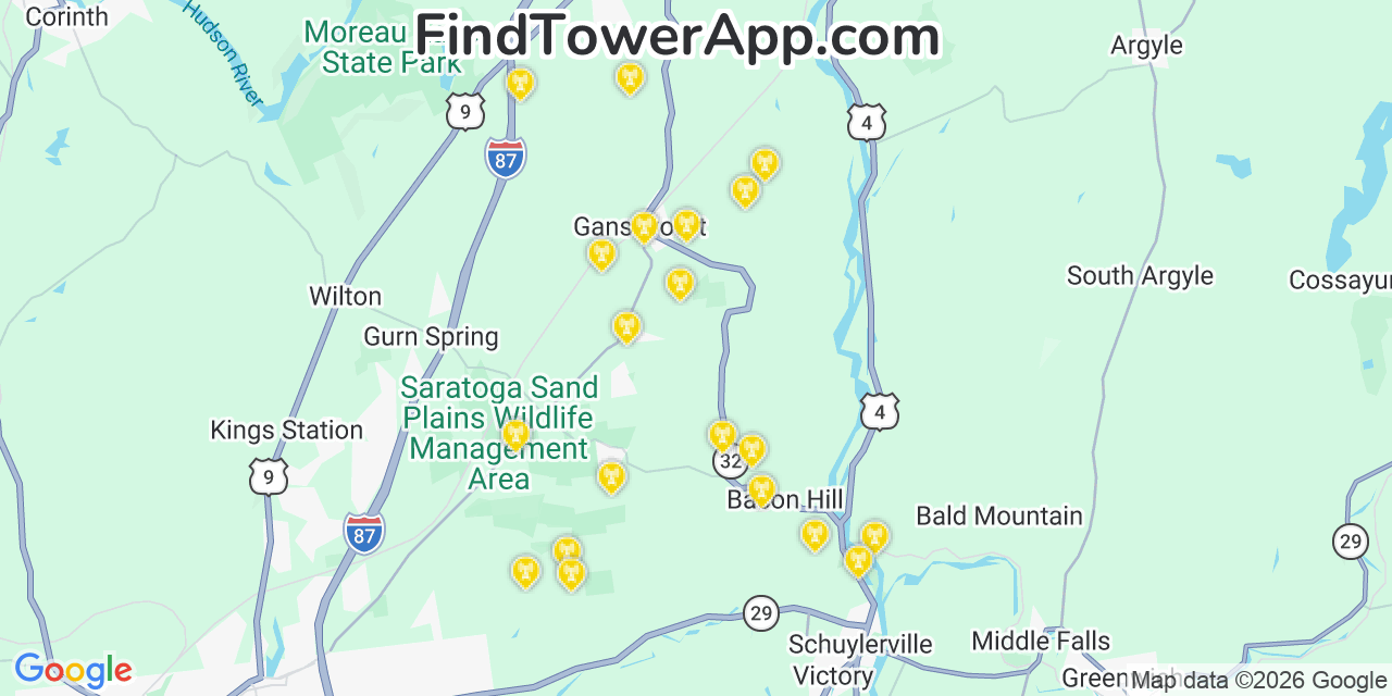 Map showing the 20 primary cell tower locations detected in Northumberland, New York from AT&T, Verizon, and T-Mobile networks