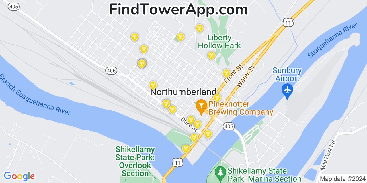 AT&T 4G/5G cell tower coverage map Northumberland, Pennsylvania