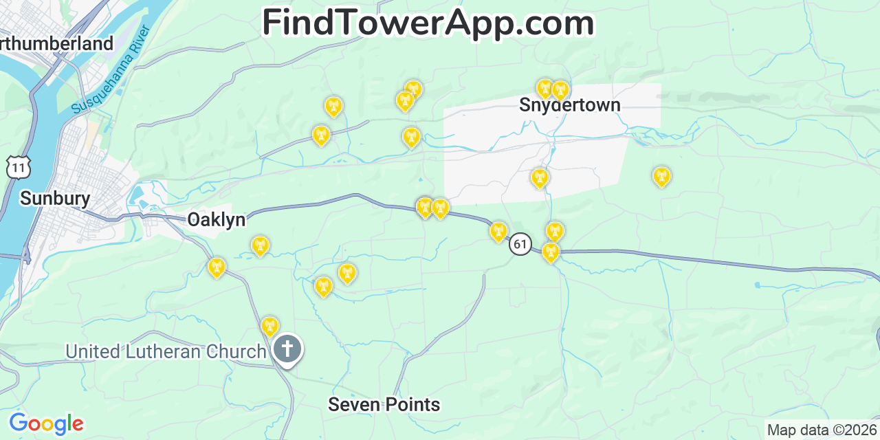 Map showing the 20 primary cell tower locations detected in Northumberland, Pennsylvania from AT&T, Verizon, and T-Mobile networks