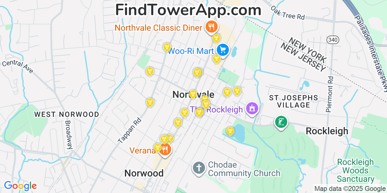 Map showing the 20 primary cell tower locations detected in Northvale, New Jersey from AT&T, Verizon, and T-Mobile networks