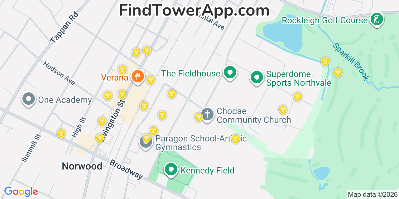Map showing the 20 primary cell tower locations detected in Northvale, New Jersey from AT&T, Verizon, and T-Mobile networks