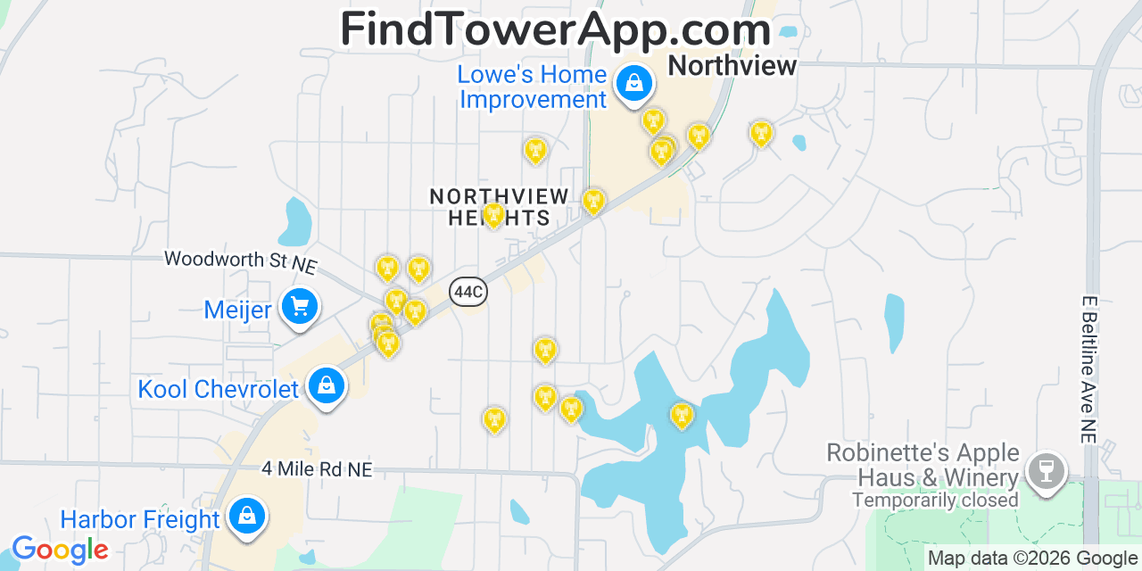 Map showing the 20 primary cell tower locations detected in Northview, Michigan from AT&T, Verizon, and T-Mobile networks