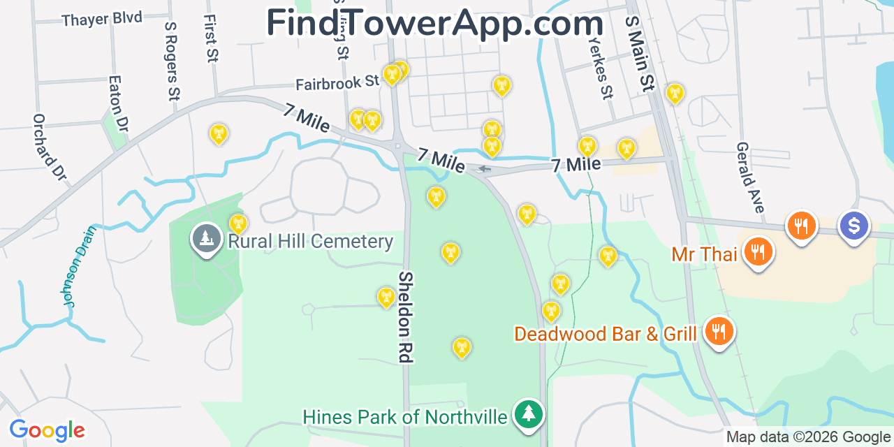 Map showing the 20 primary cell tower locations detected in Northville, Michigan from AT&T, Verizon, and T-Mobile networks