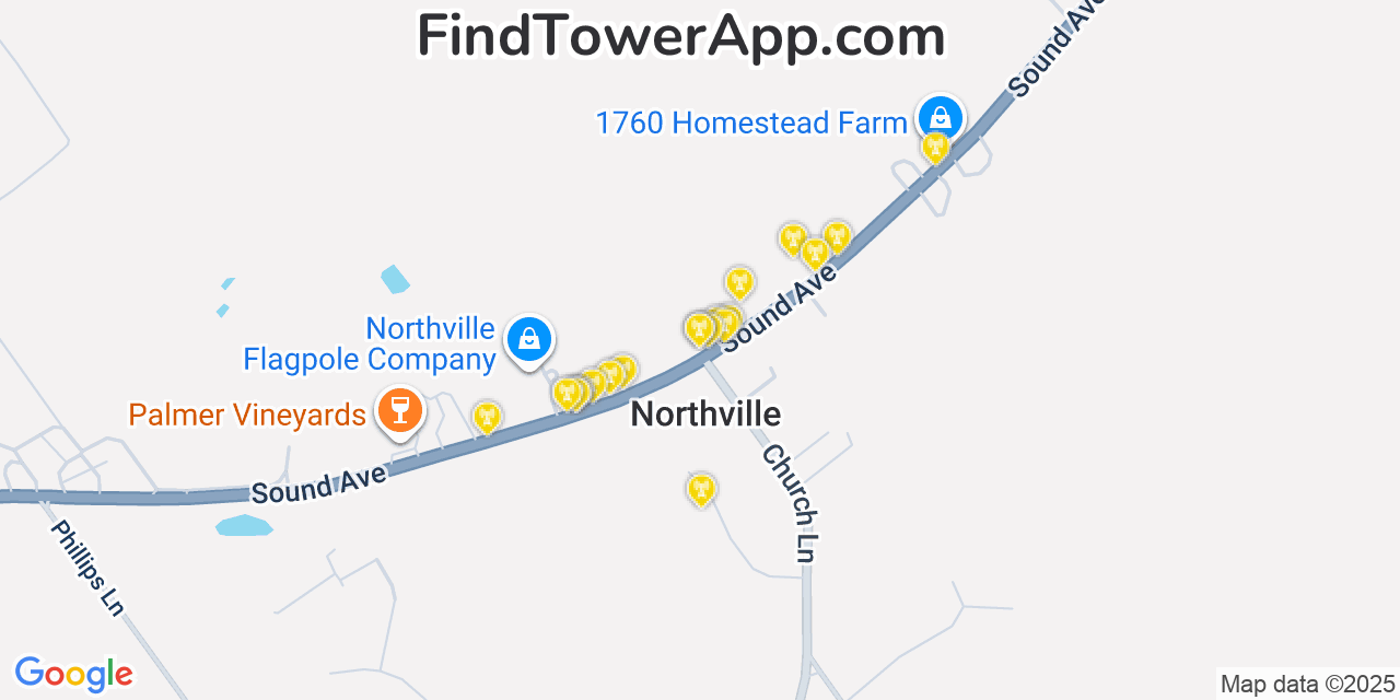 Map showing the 20 primary cell tower locations detected in Northville, New York from AT&T, Verizon, and T-Mobile networks