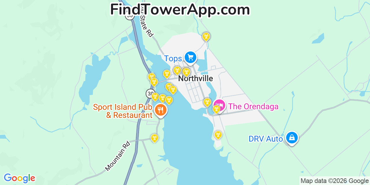 Map showing the 20 primary cell tower locations detected in Northville, New York from AT&T, Verizon, and T-Mobile networks