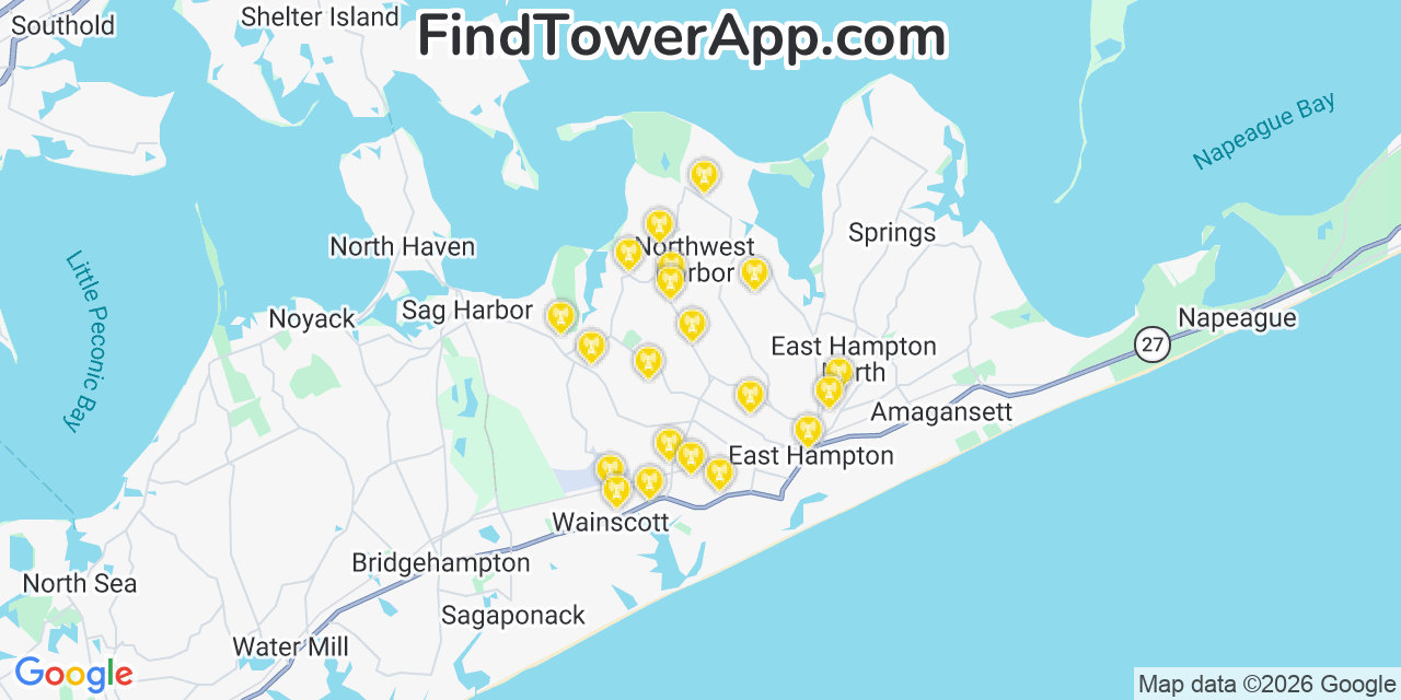 Map showing the 20 primary cell tower locations detected in Northwest Harbor, New York from AT&T, Verizon, and T-Mobile networks