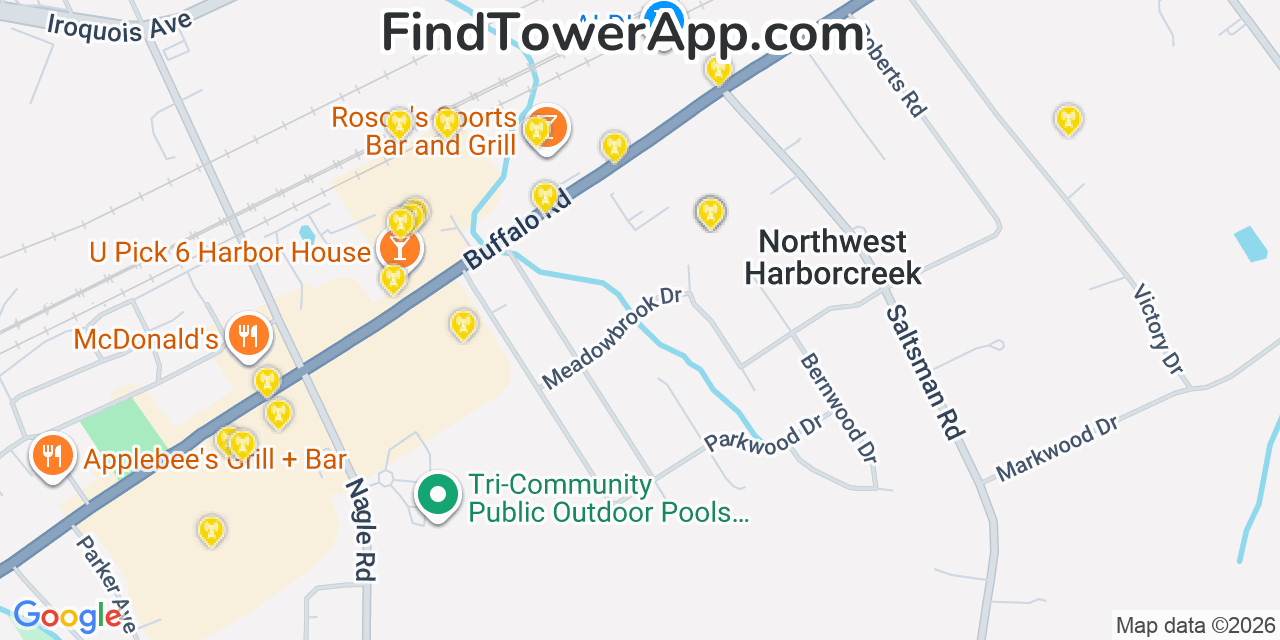 Map showing the 20 primary cell tower locations detected in Northwest Harborcreek, Pennsylvania from AT&T, Verizon, and T-Mobile networks