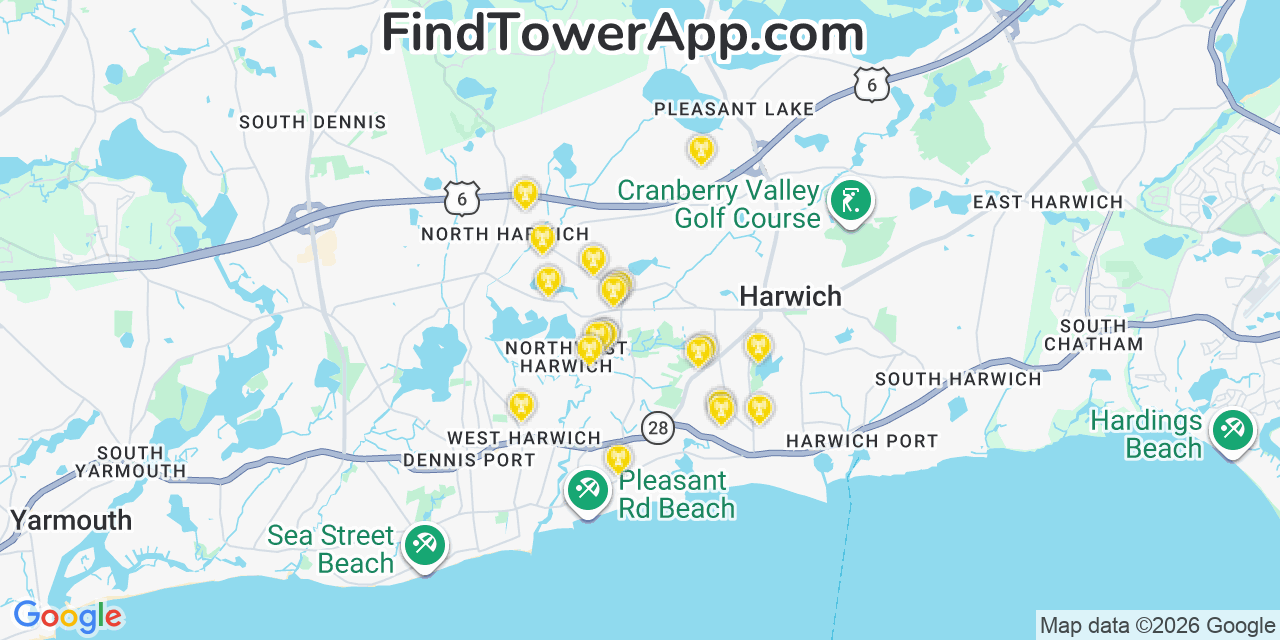 Map showing the 20 primary cell tower locations detected in Northwest Harwich, Massachusetts from AT&T, Verizon, and T-Mobile networks