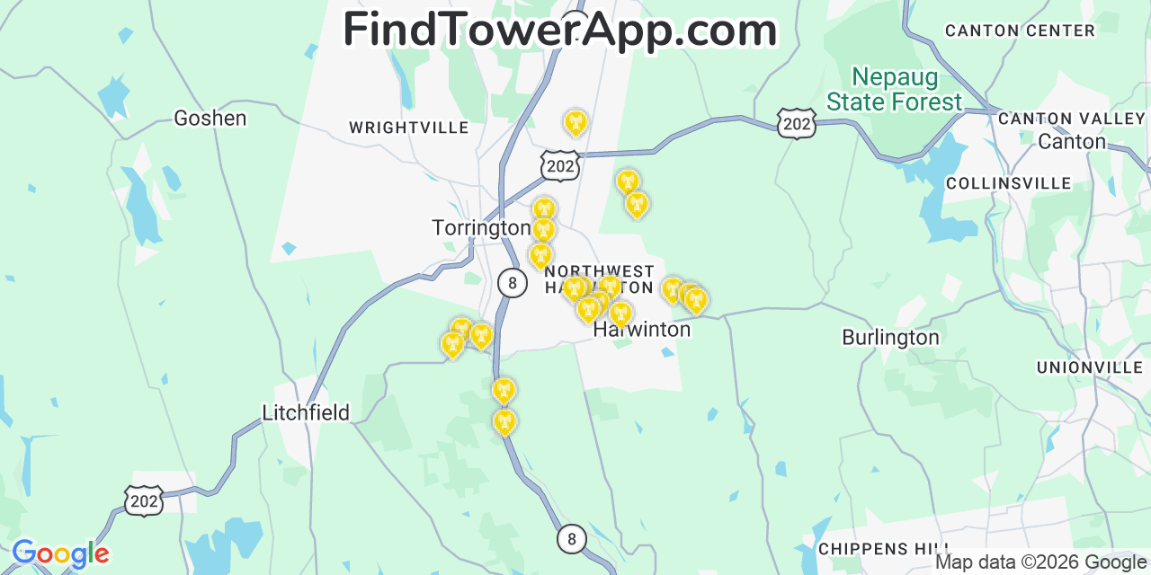 Map showing the 20 primary cell tower locations detected in Northwest Harwinton, Connecticut from AT&T, Verizon, and T-Mobile networks