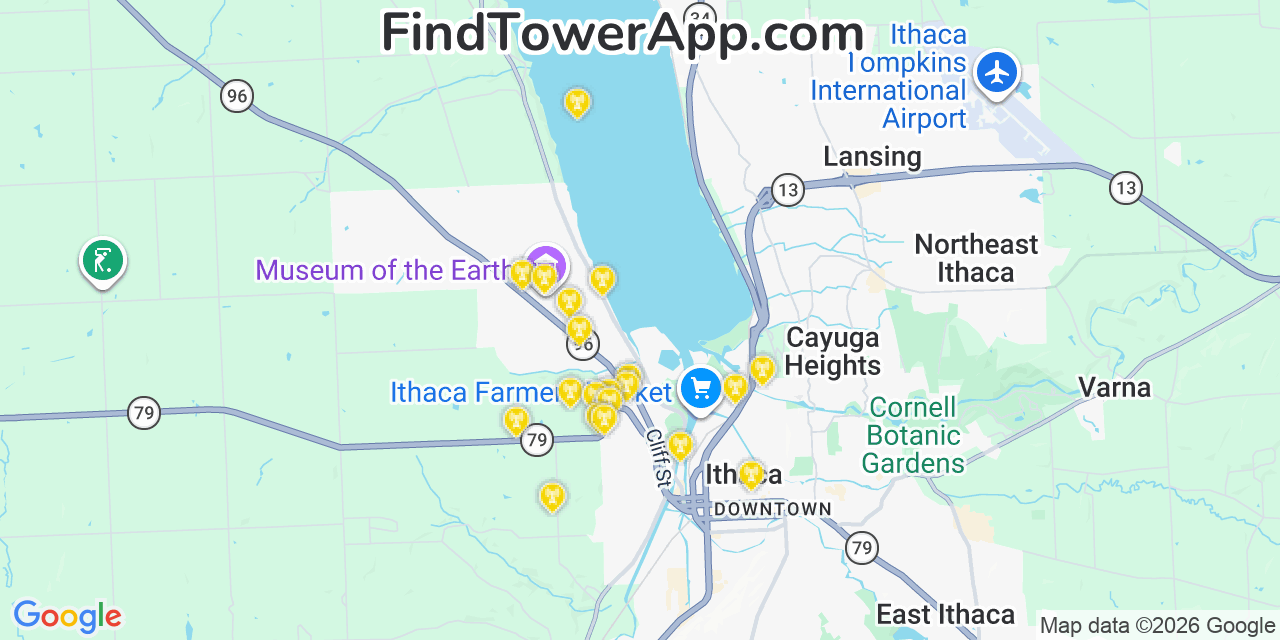 Map showing the 20 primary cell tower locations detected in Northwest Ithaca, New York from AT&T, Verizon, and T-Mobile networks