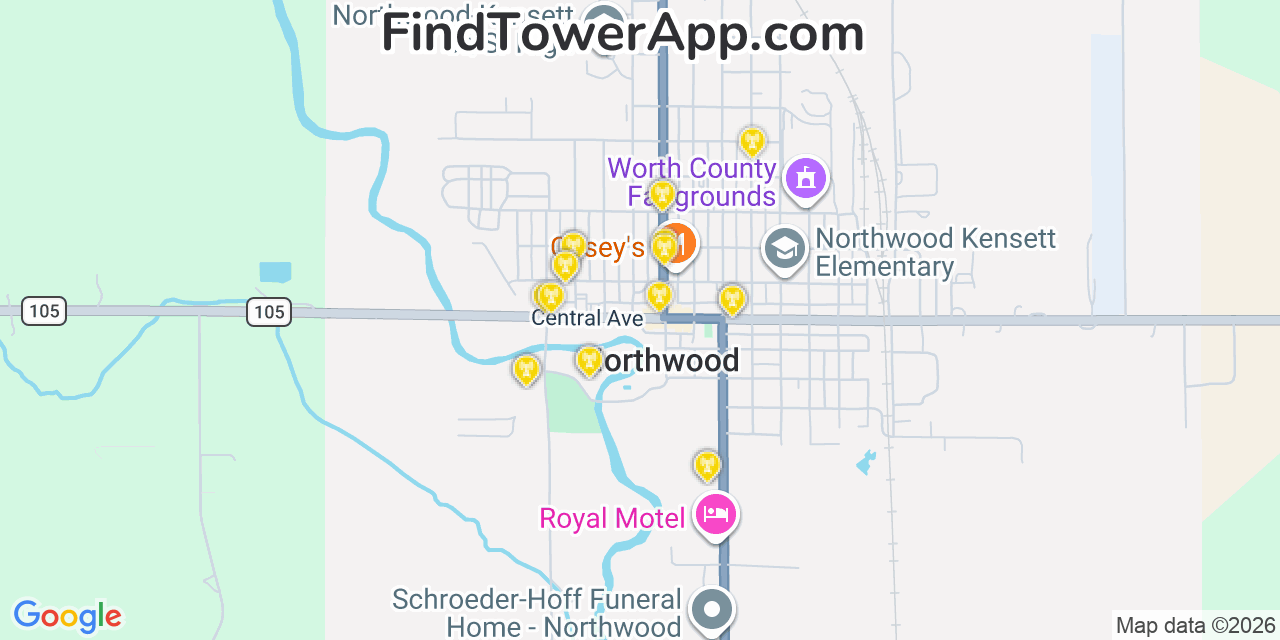 Map showing the 20 primary cell tower locations detected in Northwood, Iowa from AT&T, Verizon, and T-Mobile networks