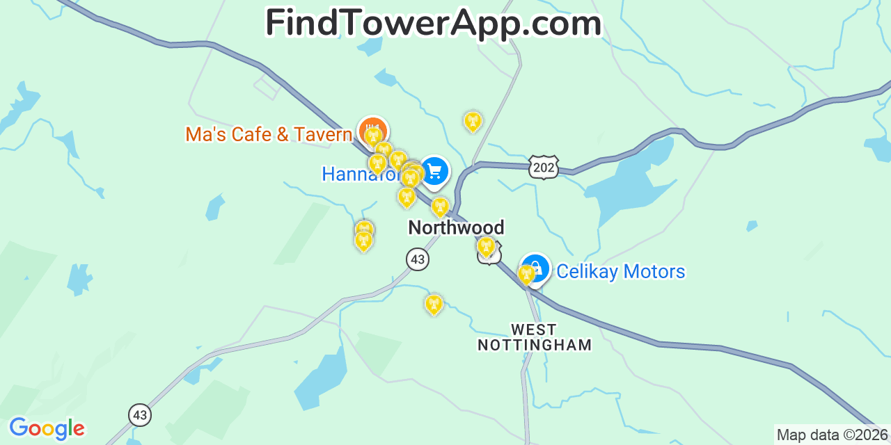 Map showing the 20 primary cell tower locations detected in Northwood, New Hampshire from AT&T, Verizon, and T-Mobile networks