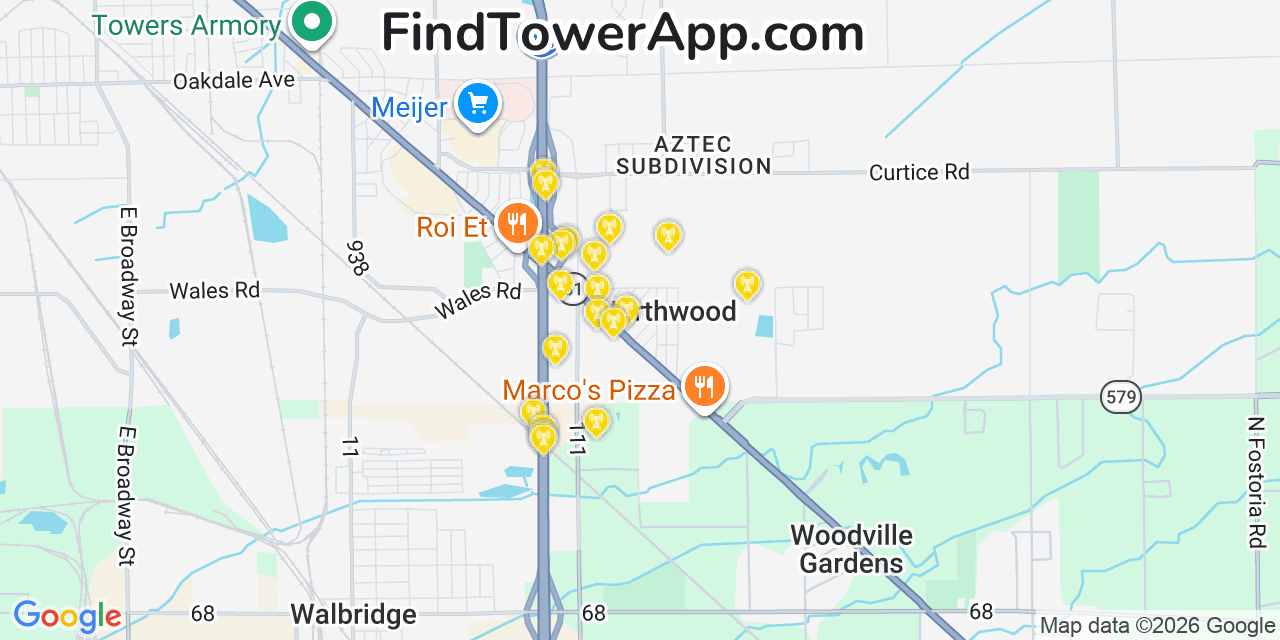Map showing the 20 primary cell tower locations detected in Northwood, Ohio from AT&T, Verizon, and T-Mobile networks