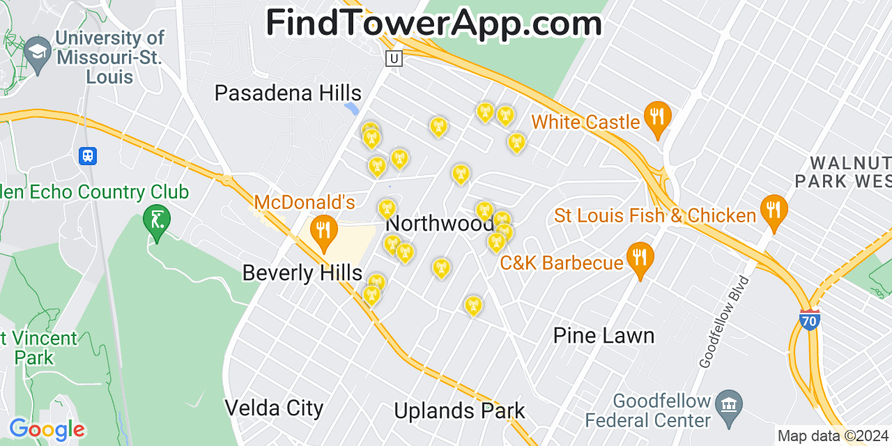 AT&T 4G/5G cell tower coverage map Northwoods, Missouri