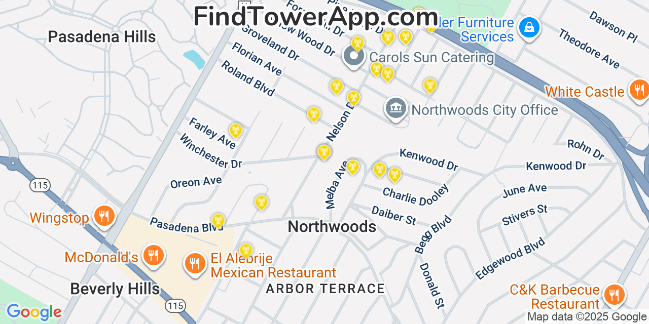 Map showing the 20 primary cell tower locations detected in Northwoods, Missouri from AT&T, Verizon, and T-Mobile networks