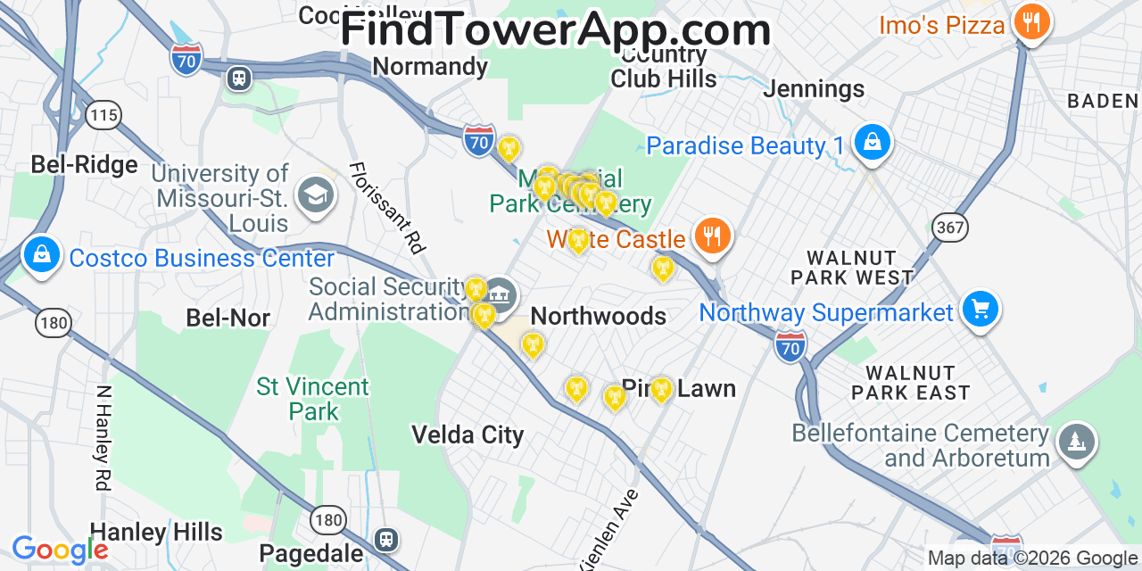 Map showing the 20 primary cell tower locations detected in Northwoods, Missouri from AT&T, Verizon, and T-Mobile networks