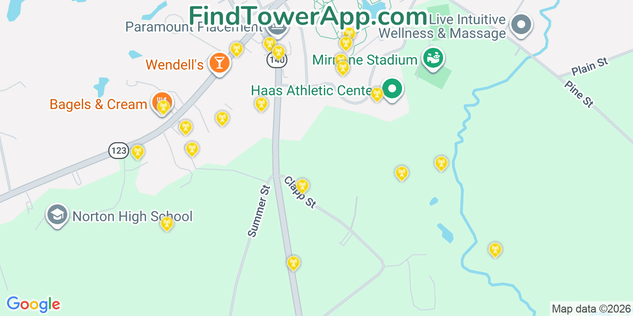 Map showing the 20 primary cell tower locations detected in Norton Center, Massachusetts from AT&T, Verizon, and T-Mobile networks