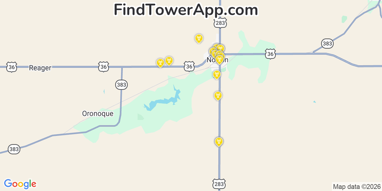 Map showing the 20 primary cell tower locations detected in Norton, Kansas from AT&T, Verizon, and T-Mobile networks