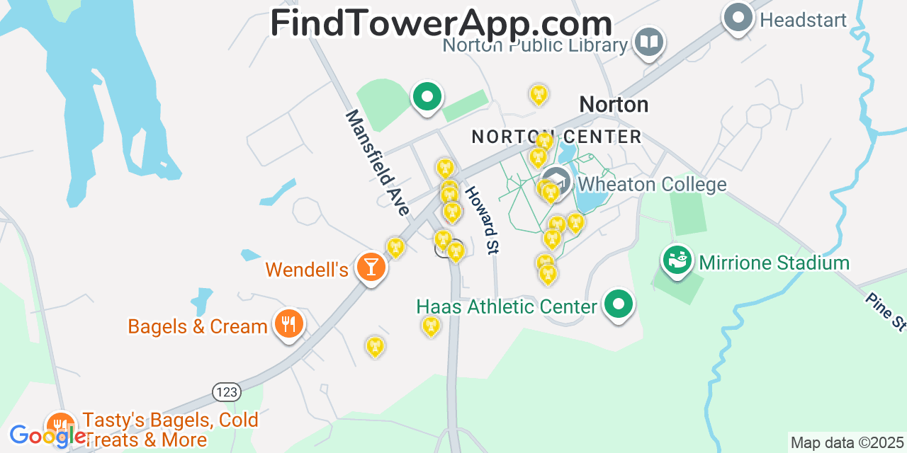 Map showing the 20 primary cell tower locations detected in Norton, Massachusetts from AT&T, Verizon, and T-Mobile networks